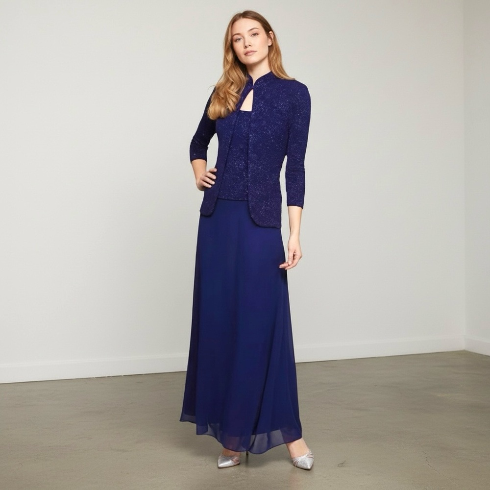 Alex Evenings 3 Piece Skirt Set Navy Blue L Sequin Mother Bride Elegant Formal